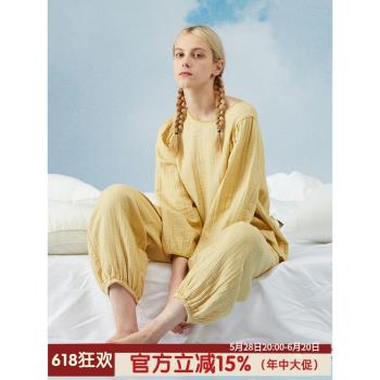 朵朵可可多層純棉紗布睡衣女2023秋季簡約套頭圓領長袖家居服套裝