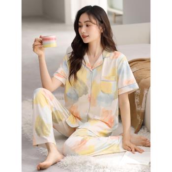 女純棉短袖長褲一體家居服睡衣