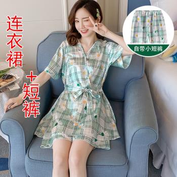 帶短褲睡裙女夏季冰絲薄款學生可愛大碼胖mm清新小雛菊睡衣兩件套
