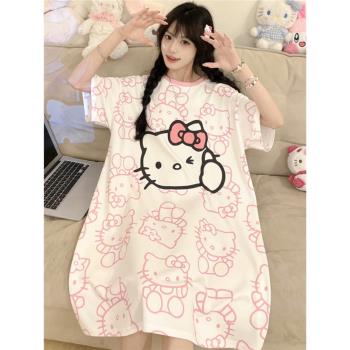 HelloKitty睡衣夏季純棉短袖薄款少女睡裙大碼胖mm可愛卡通睡衣裙