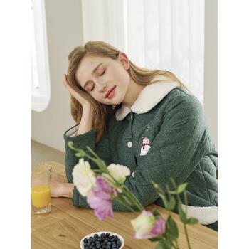 美標三層夾棉加厚睡衣女冬季新款保暖款綠色純棉家居服套裝聖誕風