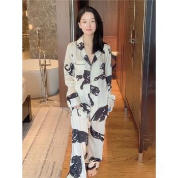 官網在售OVH豹紋長袖睡衣女大氣秋冬貢緞居家服套裝 睡衣春秋款女