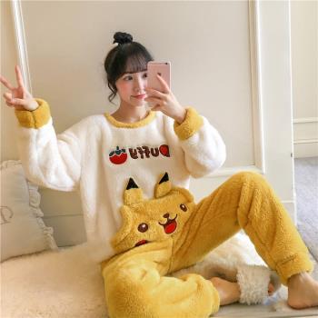 睡衣冬季珊瑚絨加絨加厚保暖法蘭絨卡通甜美睡衣女冬家居服套裝女