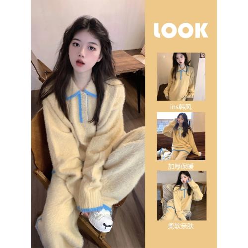 ins韓版翻領半邊絨睡衣女冬款2025年新款加厚毛絨針織家居服套裝