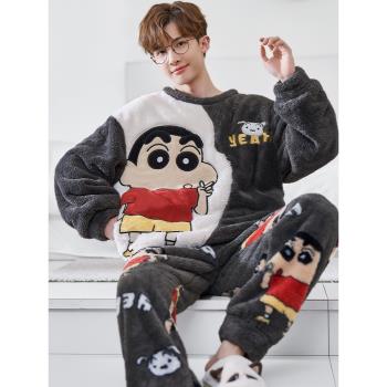 卡通可愛睡衣男秋冬季法蘭絨加厚加絨大碼珊瑚絨可外穿家居服套裝