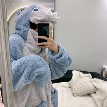 啊嗚鯊魚女秋冬季加厚法蘭絨睡衣