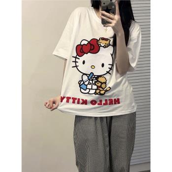 夏季休閑女生睡衣hellokitty凱蒂貓純棉短袖長褲格子家居服套裝薄