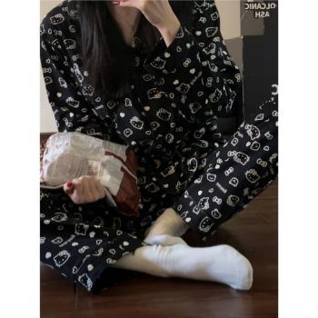 春秋季ins韓版睡衣女卡通黑色kitty貓日系純棉長袖學生家居服套裝