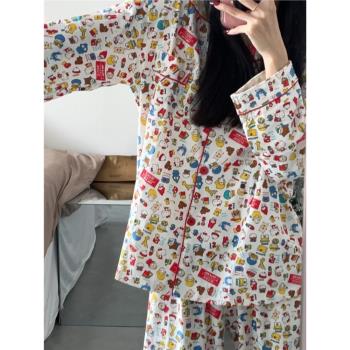 春秋季日系睡衣女可愛卡通kitty貓純棉長袖學生家居服小翻領套裝