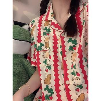 條紋兔子高階感睡衣女生夏季短袖純棉薄款開衫可愛卡通家居服套裝