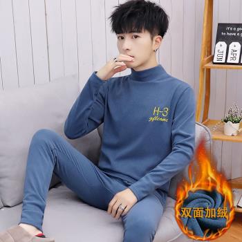 德絨發熱保暖內衣男青少年打底衫加絨半高領秋衣秋褲套裝大童男裝