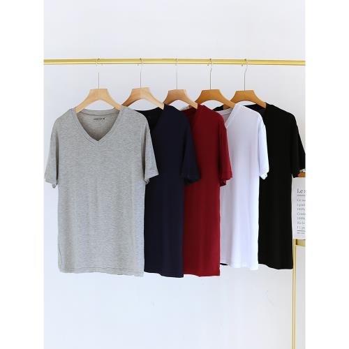 夏季莫代爾短袖睡衣男士薄款T恤寬松大碼加大V領冰絲家居服上衣