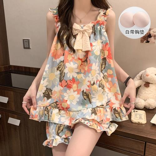 夏季帶胸墊吊帶睡衣女生2025新款甜美純棉套裝公主風家居服可外穿