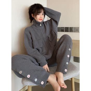 灰白簡約睡衣女冬季半邊絨加厚珊瑚絨高領拉鏈開衫加絨家居服套裝