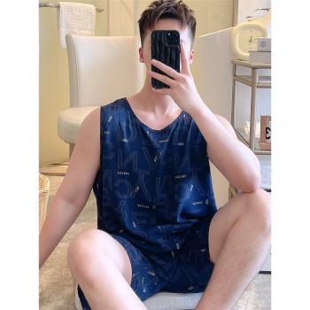 男青少年中學生背心短褲綿綢睡衣