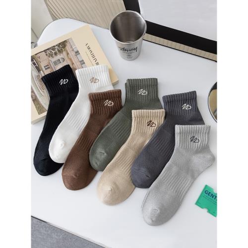 5雙夏季薄款純棉短襪運動吸汗防臭襪子男款透氣網孔字母刺繡棉襪