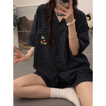 夏季韓國ins格子米奇甜美睡衣女短袖宿舍舒適薄款外穿家居服套裝
