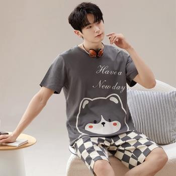 夏天男生睡衣男夏短袖褲衩純棉套裝初中生青少年高中生套頭家居服