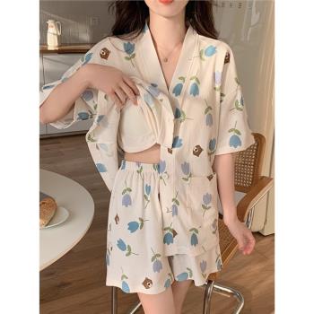 睡衣女夏季帶胸墊純棉紗短袖日系和服泡泡棉可愛學生家居服套裝春