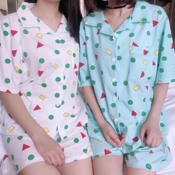 蠟筆小新同款睡衣男女夏季短袖薄款幾何ins風卡通可愛大碼家居服