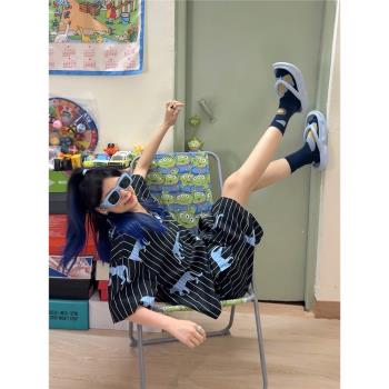 動物印花冰絲女條紋家居服睡衣