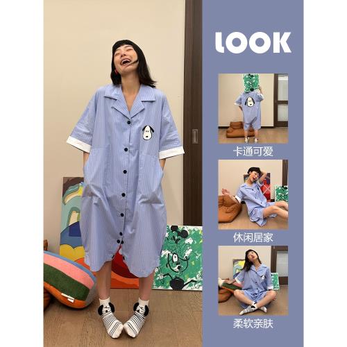 可愛小狗印花短袖睡衣女夏季2025新款連體睡衣家居服睡裙子可外穿