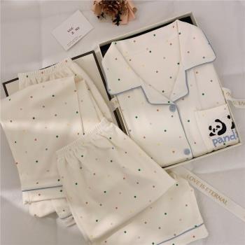 夏季時尚短袖睡衣女士三件套卡通ins可愛少女網紅熊貓家居服套裝