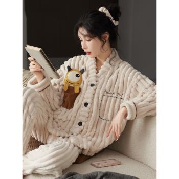南極人珊瑚絨睡衣女冬季加絨加厚2024新款可愛法蘭絨家居服兩件套