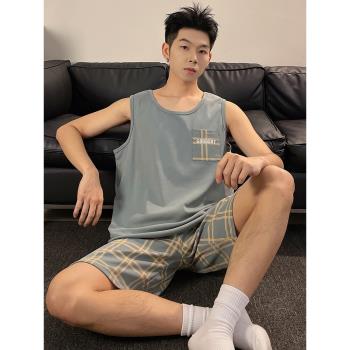 男士睡衣夏季2024年新款純棉無袖背心寬松青少年男生家居服可外穿