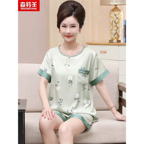 夏季中年媽媽冰絲睡衣女款短袖短褲加大碼套裝薄款絲綢夏天家居服