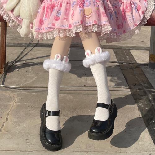 洛麗塔小腿襪毛毛襪子女冬可愛日系兔耳朵毛絨花邊長筒襪中筒襪