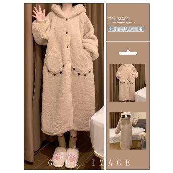 珊瑚絨睡衣冬款女加絨加厚少女可愛小個子家居服睡袍冬季連帽睡裙