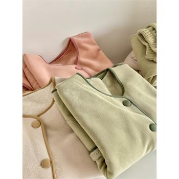 韓版甜美少女高階純色珊瑚絨睡衣女冬季毛絨加厚可外穿家居服套裝