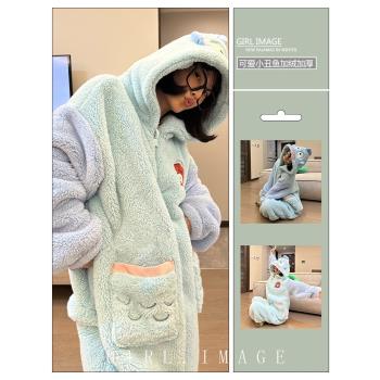 可愛小丑魚連帽珊瑚絨睡衣冬季女加絨加厚家居服睡袍小個子連體衣