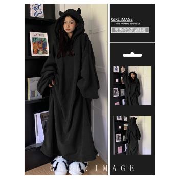 珊瑚絨冬季女卡通小惡魔連帽睡衣