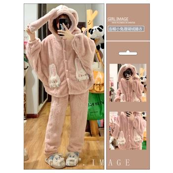 少女可愛兔子珊瑚絨睡衣女冬季新款加絨加厚連帽家居服套裝小個子