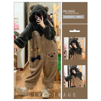 可愛小熊連體睡袍冬季加絨加厚珊瑚絨睡衣女冬款一體式連帽家居服