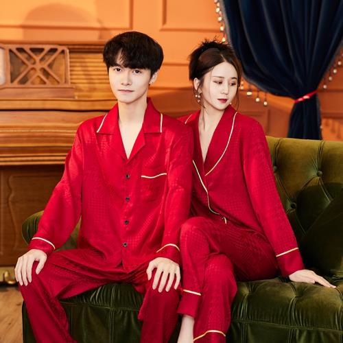 2026春秋新高級感睡衣男女新婚套裝本命紅流光軟絲輕奢情侶家居服