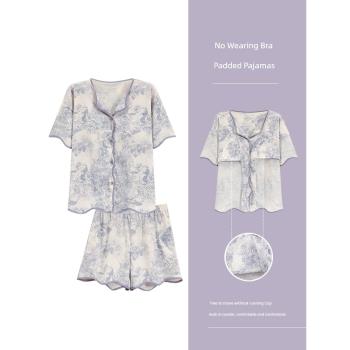 浪莎純棉睡衣女夏季帶胸墊短袖短褲休閑夏天寬松可外穿家居服套裝