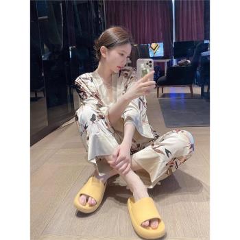 日系高階感印花長袖睡衣女2024年新款夏款網紅風和服款家居服套裝