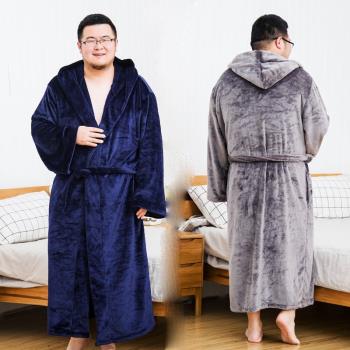 特大碼男保暖珊瑚絨胖人連帽睡袍