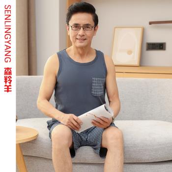 夏季中老年男士背心睡衣寬松純棉爸爸加大碼無袖短褲家居服套裝薄