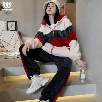 連帽珊瑚絨睡衣女秋冬款加絨加厚法蘭絨寬松休閑套裝家居服可外穿