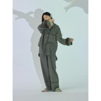 朵朵可可秋冬季棉麻條紋中性風睡衣女長袖長褲家居服套裝