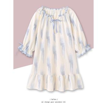 韓版ins長袖睡裙女春秋季2025年新款睡衣中長款網紅風純棉家居服