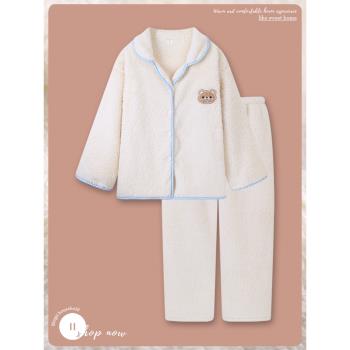 日系ins小熊睡衣女秋冬季珊瑚絨加絨加厚可外穿法蘭絨家居服套裝