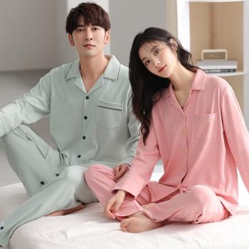 純棉長袖女春秋婚慶開衫情侶睡衣