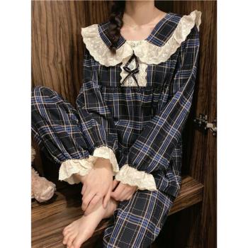 網紅春秋款長袖甜美格子睡衣女學生ins日系娃娃領花邊家居服套裝