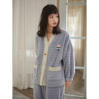 思莉太太珊瑚絨睡衣冬季女款加厚加絨網紅風小眾設計感紫色家居服