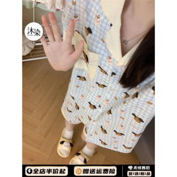 少女軟萌可愛卡通印花短袖睡衣女夏款新款翻領開衫短褲家居服套裝